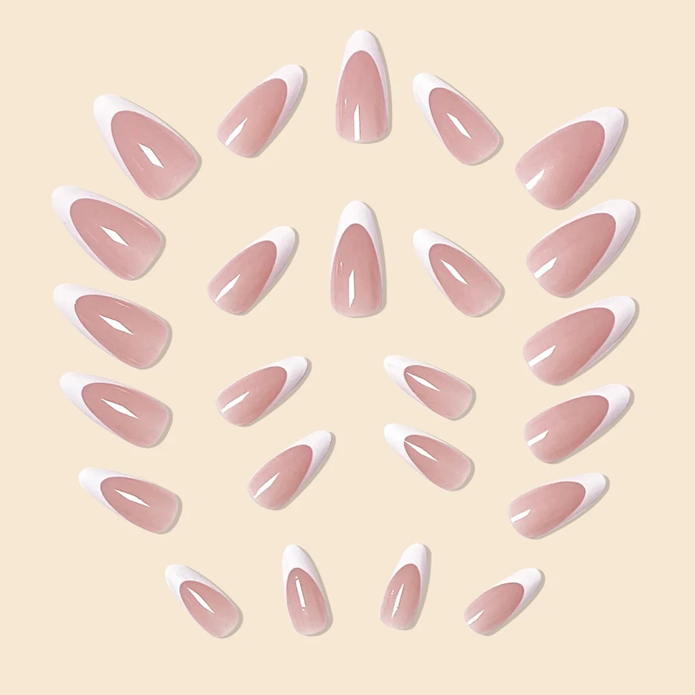 24pcs Long Almond Fake Nails White French Press on Nails Simple Full Cover Detachable Nail Tips