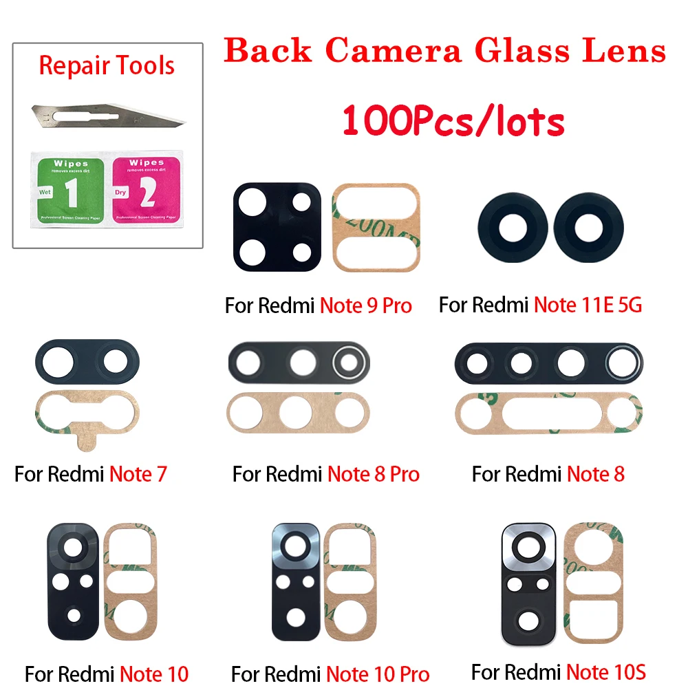 100Pcs，Camera Glass For Xiaomi Redmi Note 11 11S 11T 11E 10T 10 10S 9 9S 8T 8 Rear Back Camera glass Lens With Glue Adhesive