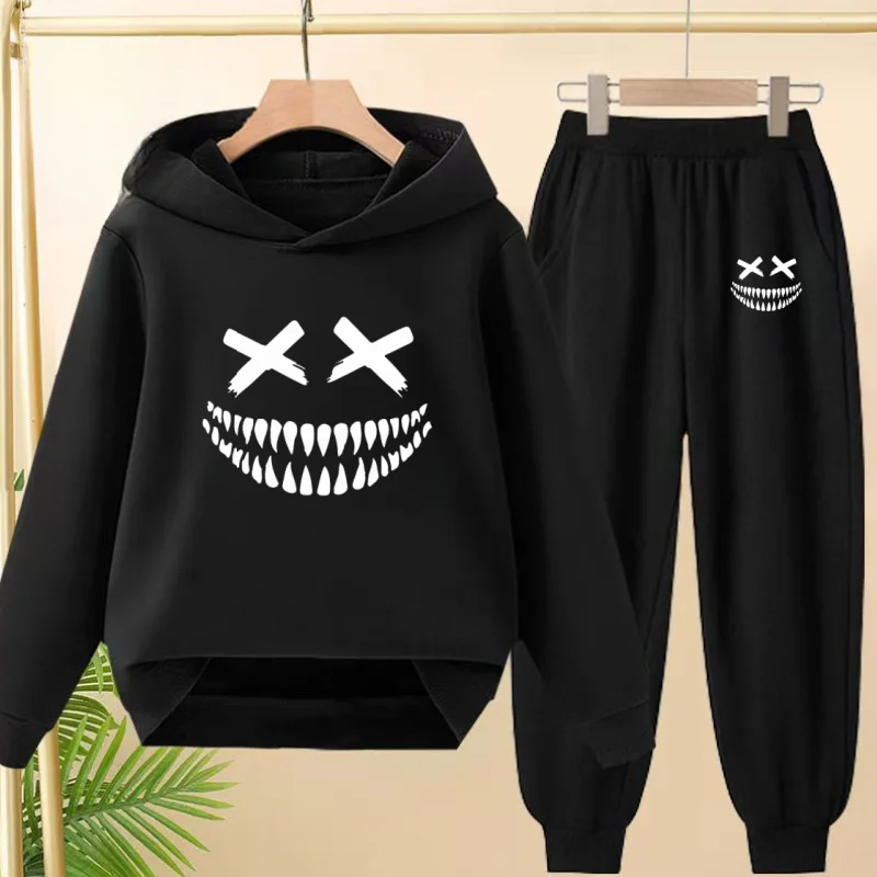 

Children's Funny Face Print Hoodie Coat Sweatshirt Top + Pants Boys Girls Toddler 3-12Yrs Charming Casual Sports Set 2-Piece Set