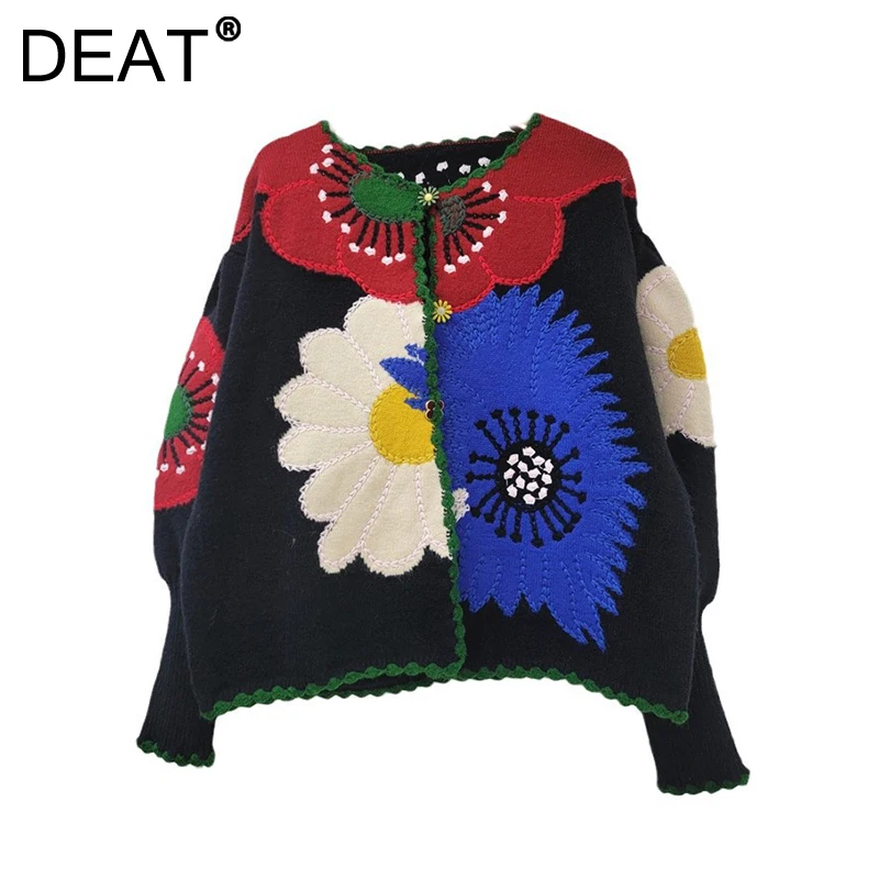 DEAT Women's Cardigan Contrast Color Knitted Flowers O-neck Retro Loose Lantern Sleeve Sweaters 2025 New Spring Fashion 29L9213