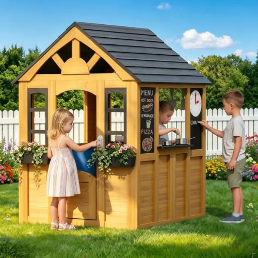 

Outdoor playhouse for kids aged 3-8: solid wood construction, brown finish, includes play kitchen, snack bar, pet door, blackbo