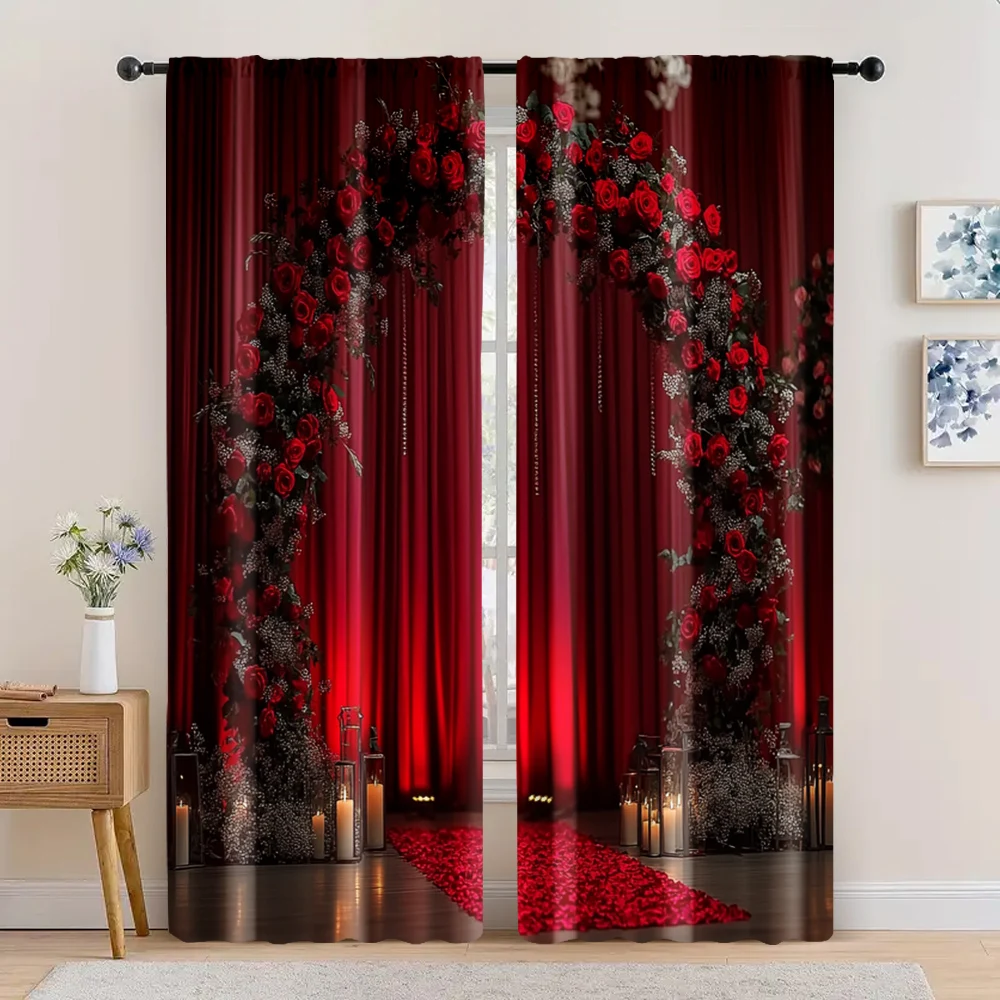 

2pc, Happy Valentine's Day Curtain Graduation red rose arrangement Versatile Durable Polyester,Without Electricity Holiday