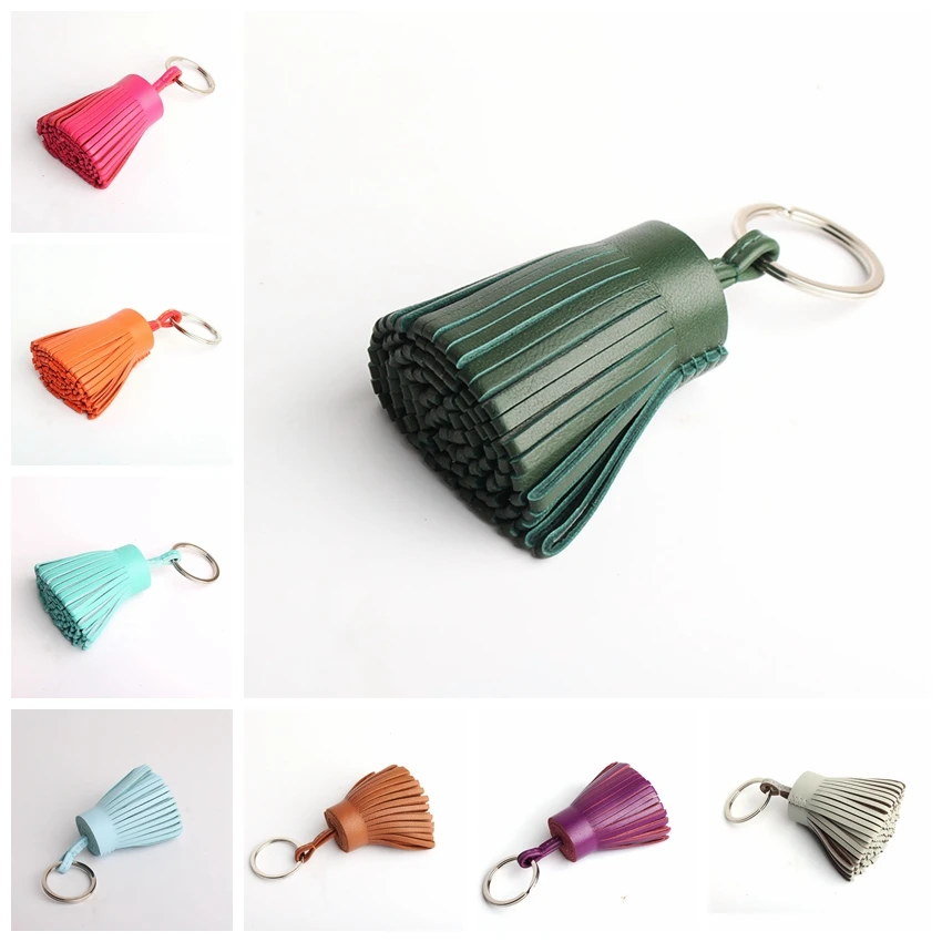 Natural Real Leather Tassel Keychain For Keys Car Key Chain Key Ring Women Bag Charm Pendant Girls