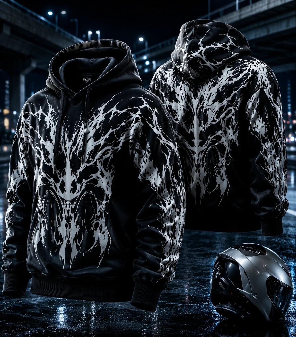 3D Dark Abstract Demon Graphic Biker Hoodie, Y2K Gothic Motorcycle Streetwear Long‑Sleeve Pullover Hooded Sweatshirt Unisex Tops