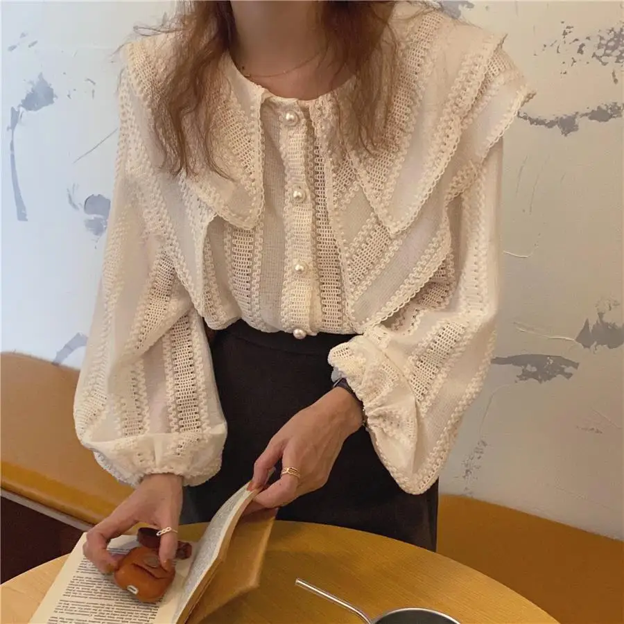 Korean Style Early Autumn Gentle Design Sense Niche Lapel Chic Shirt Loose Lantern Sleeve Shirt Top Women\'s Fashion