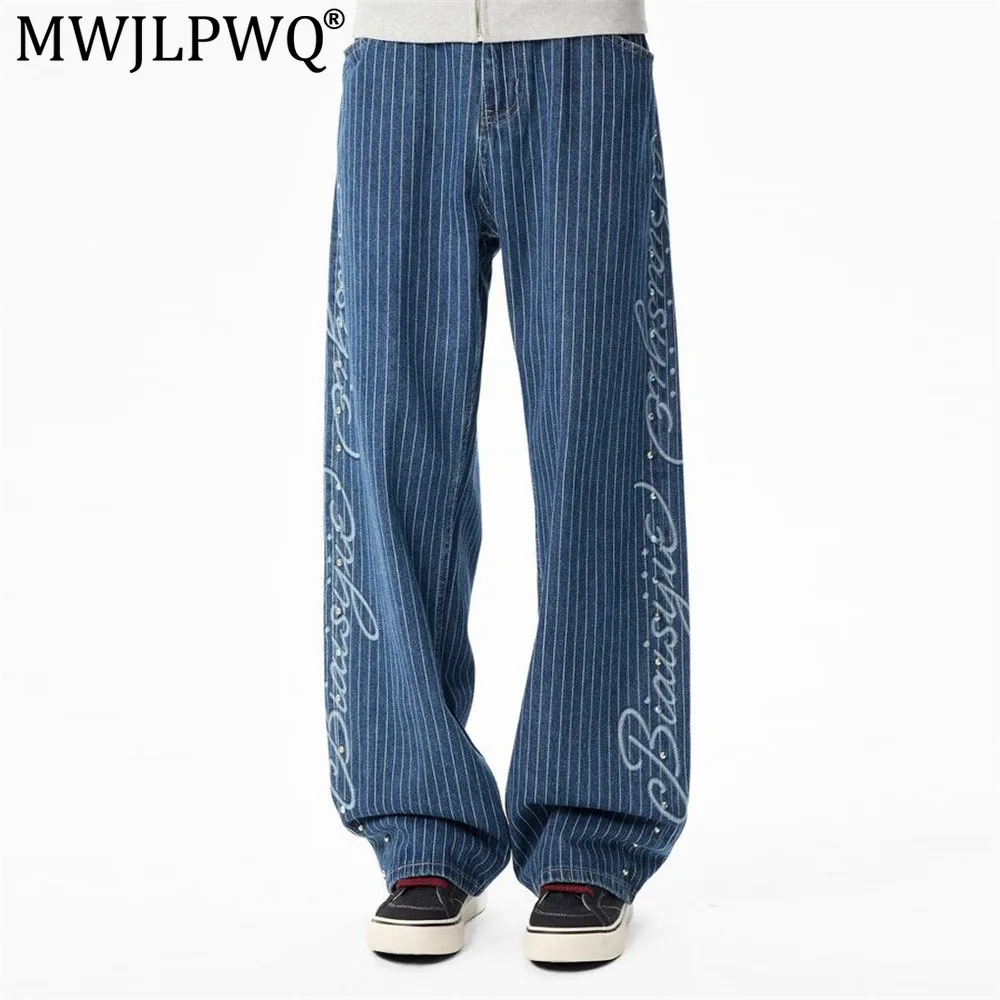 MWJLPWQ American Retro-Style Striped Casual Jeans For Men Trendy Side Design Floral Letter Patterns Straight Trousers 21479