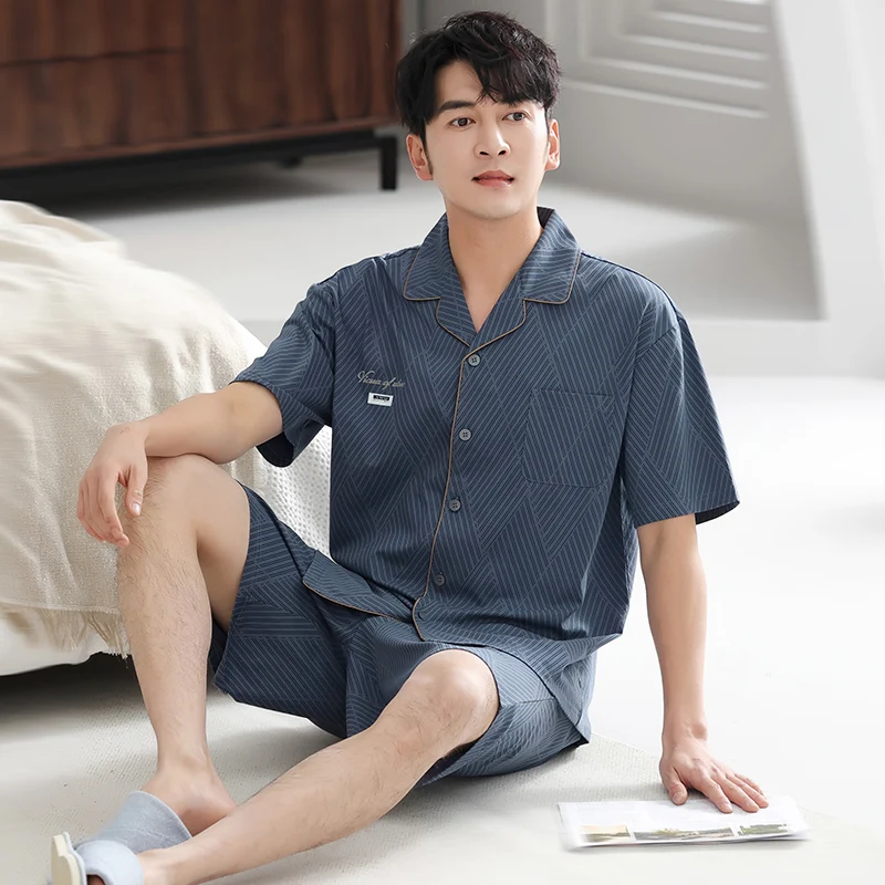 Big Size M-4XL Men Short Sleeve +Short Pant Pajamas Set Summer 100% Cotton Pyjama Male Turn-down Collar Sleepwear