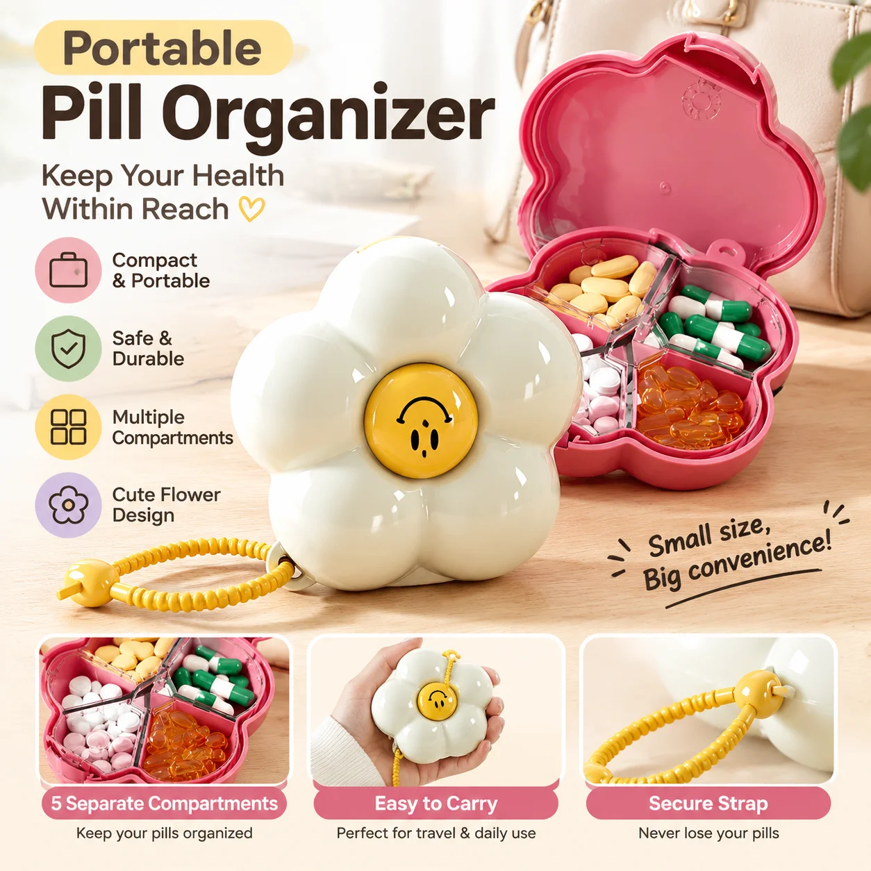 Mini Pill Organizer 7 Day Portable Medicine Box Dopamine Color Multi Compartment Travel Pill Case BPA Free Drug Storage Kit