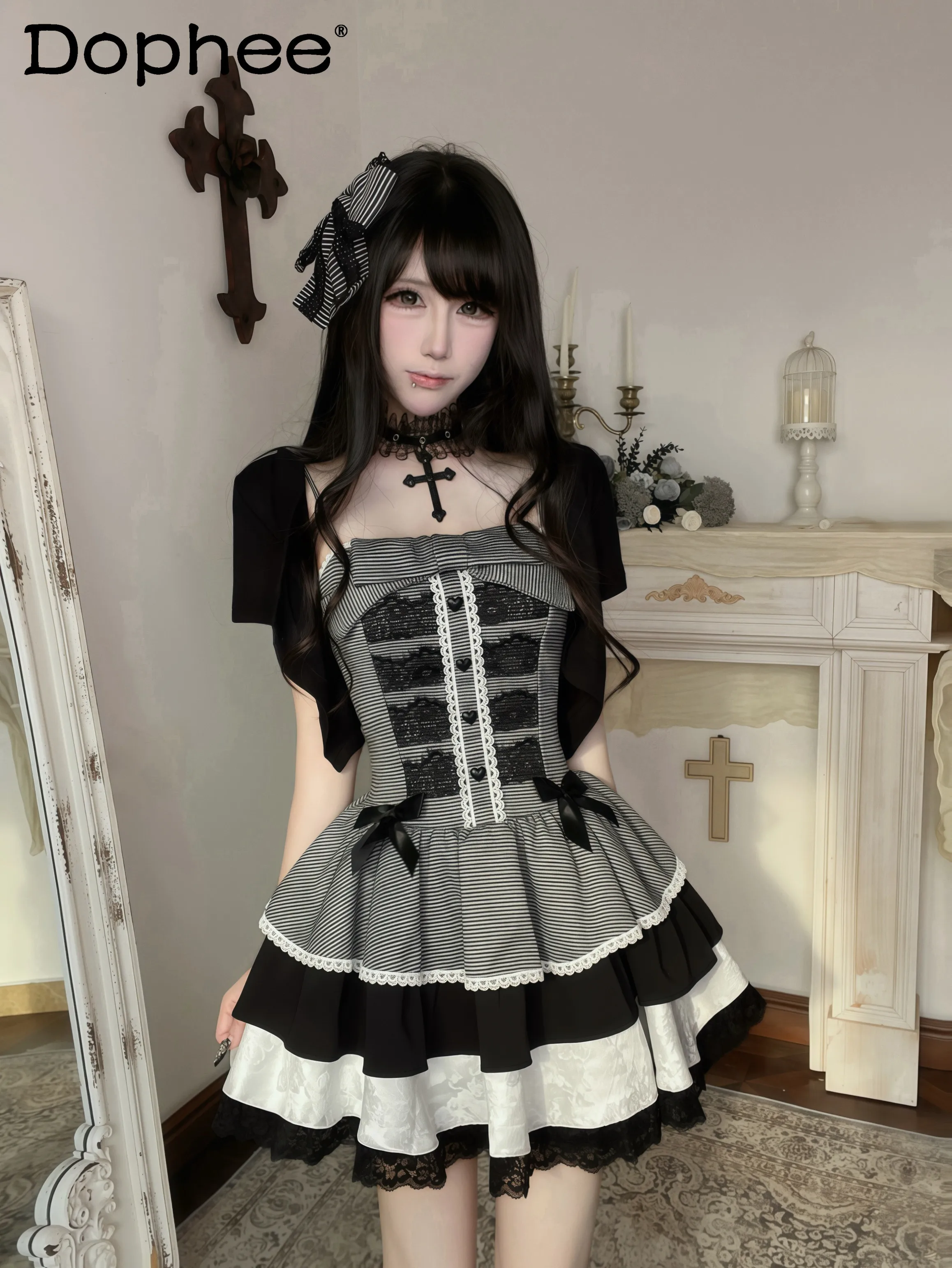

Y2k sweet sister Japanese original Lolita suspender dress sweet cool style high waist thin slim striped tutu dress woman
