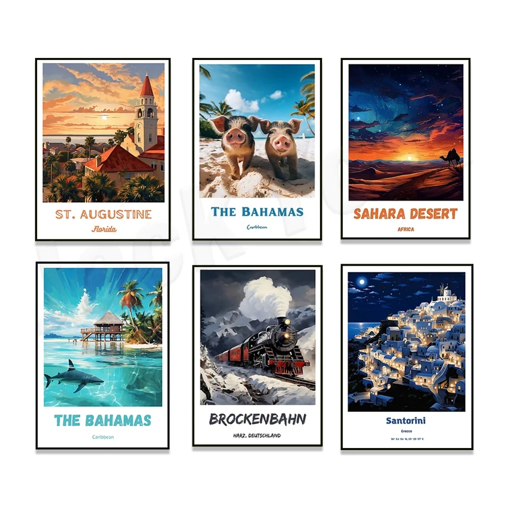 

German train Brocken Railway, Sahara Desert, Himeji Castle, St. Augustine, Ravello, Bahamas, Jerusalem, Santorini travel poster