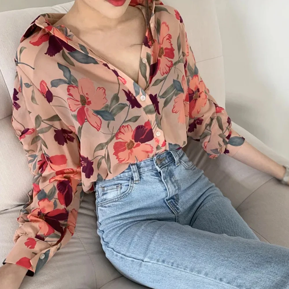 2024 Women's Long Sleeved Shirt Loose Lapel Button T-shirt Flower Pattern Top Party Elegant Women's Shirt Party T-shirt