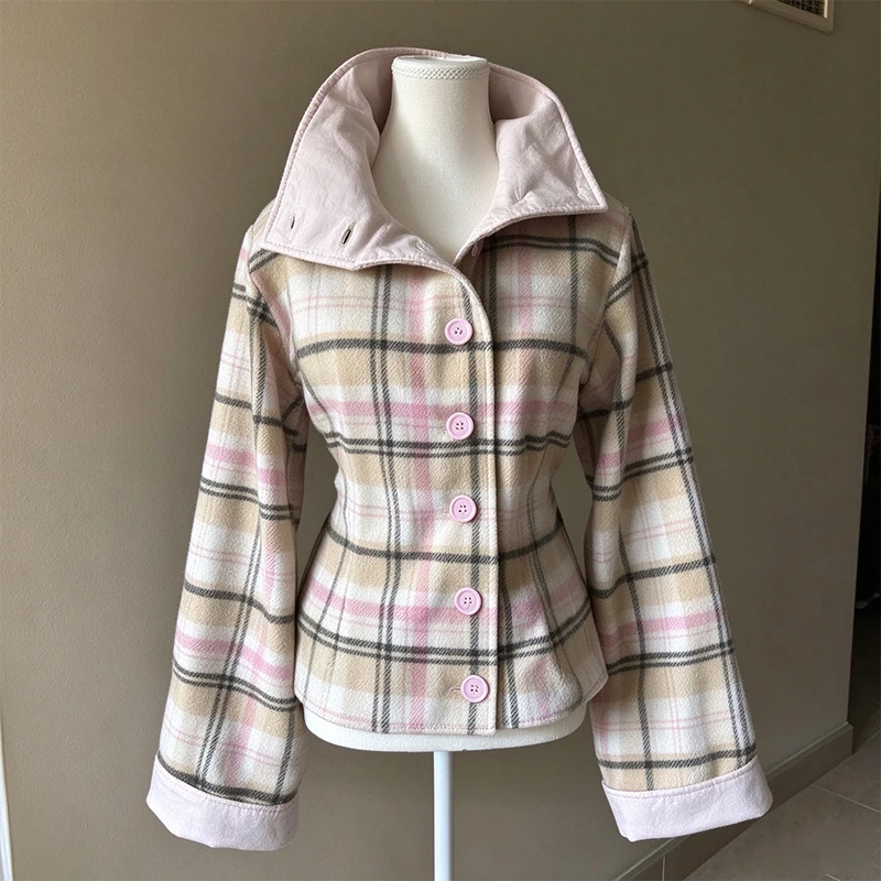 Autumn Winter Ladies Pink Beige Plaid Short Coat High Stand Collar Flare Sleeve Wool Single Breasted  Vintage Tartan Outerwear