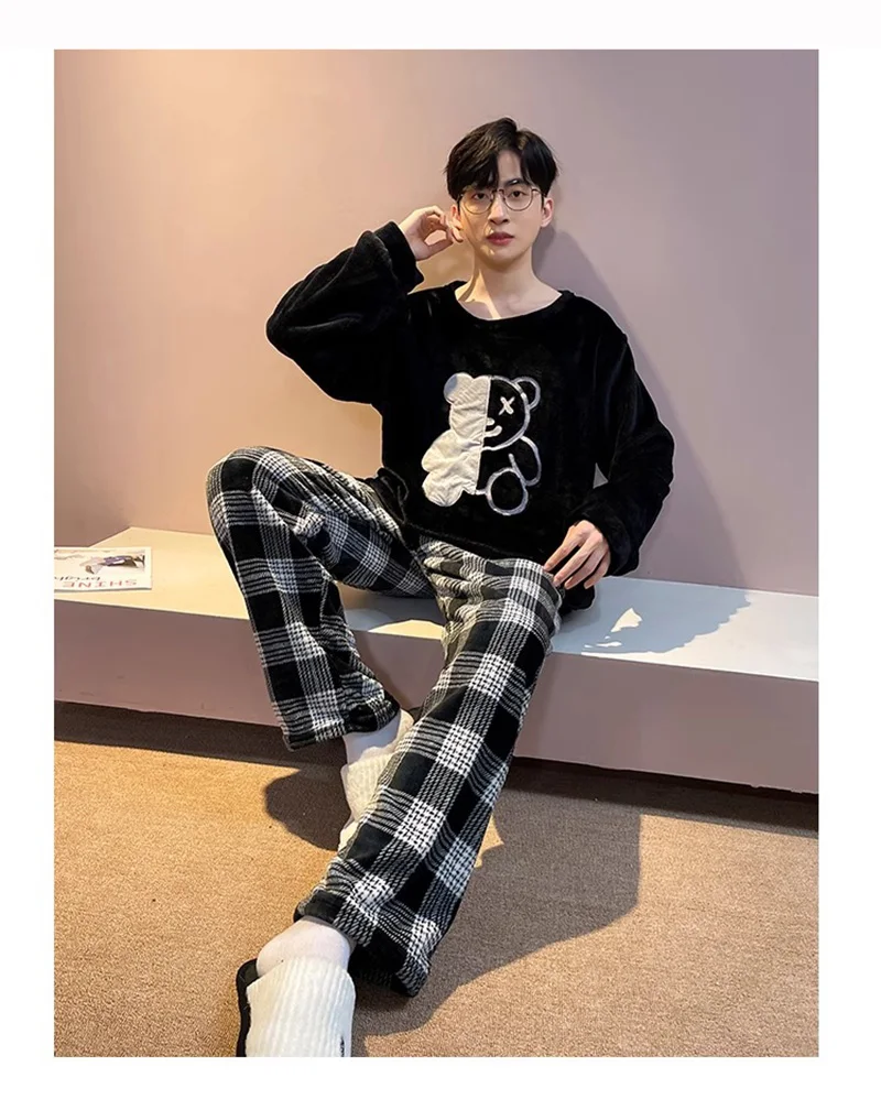 2PCS/Set Autumn and Winter Thickened Warm Coral Velvet Men Pajamas Long-Sleeved Loungewear Soft Casual Plus Size O-neck Homewear