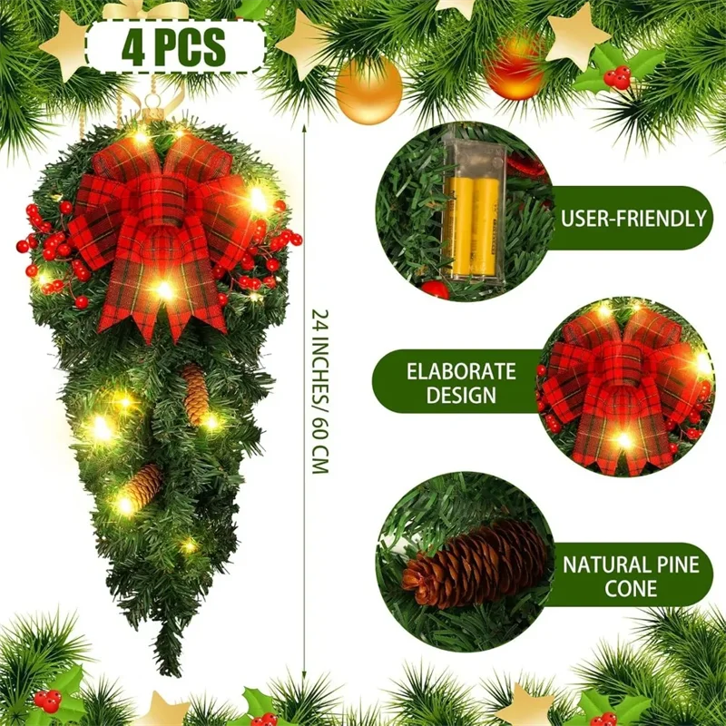 Christmas Stair Swags Xmas Light Up Wreath Garland Pine Cone Props Ornament for Indoor Outdoor Hanging Decor Christmas