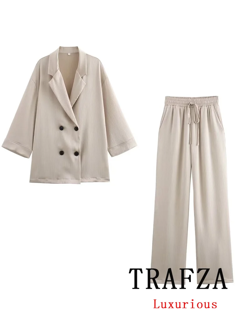 TRAFZA Vintage Chic Solid Women Suit Double Breasted Pockets Slim Blazer Straight Loose Pants New Fashion 2024 Office Lady Sets