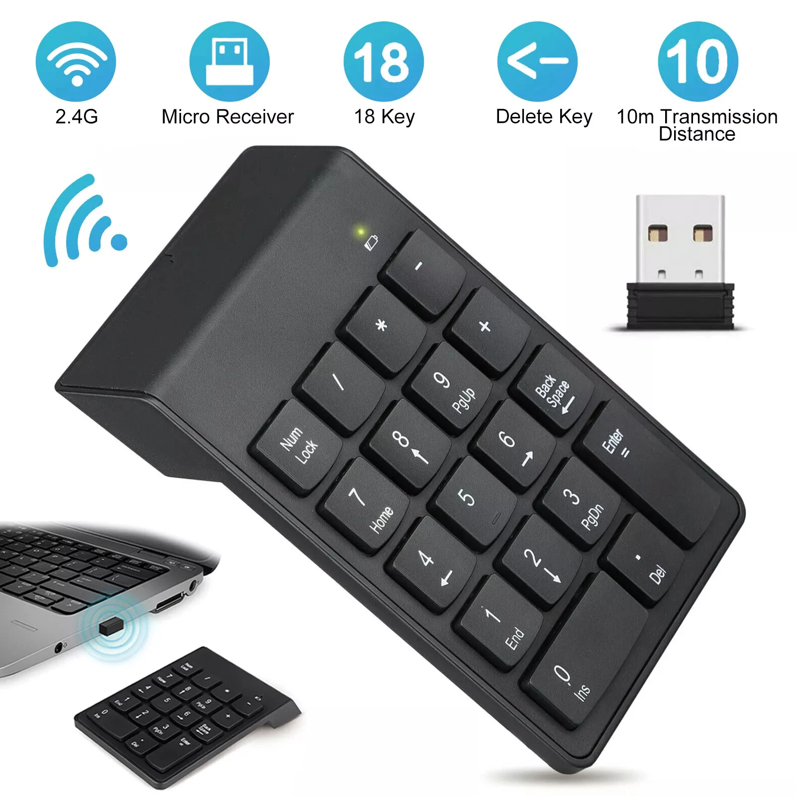 Mini teclado numérico USB inalámbrico de 18 teclas, 2,4G, ABS, teclado numérico, alcance de 10m para ordenador portátil, accesorios de escritorio, 1 ud.