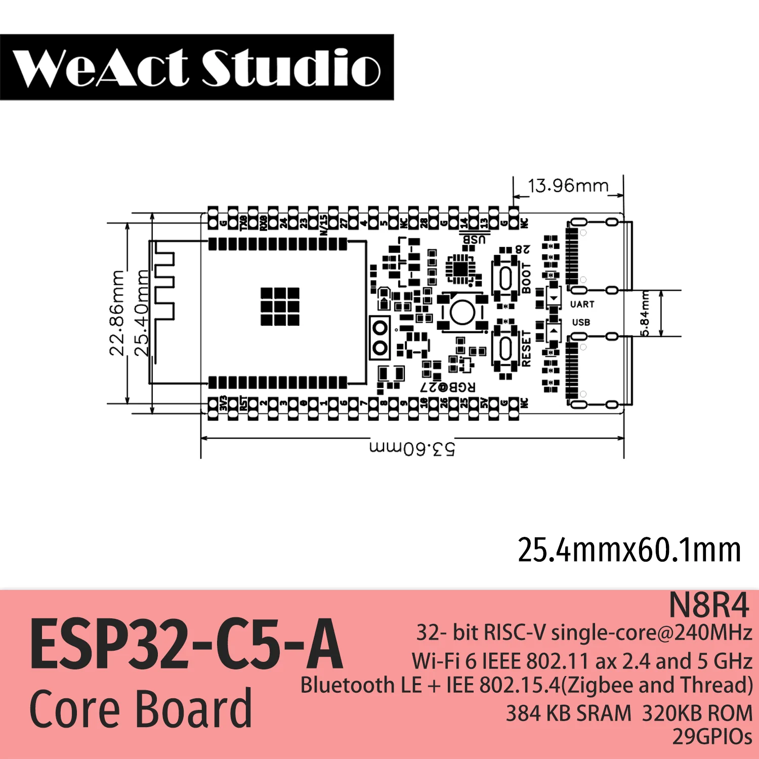 WeAct ESP32-C5-A Development Board Espressif Systems 2.4 & 5 GHz Dual-Band Wi-Fi 6, Chip Revision v1.0 ESP32C5-WROOM1-N8R4