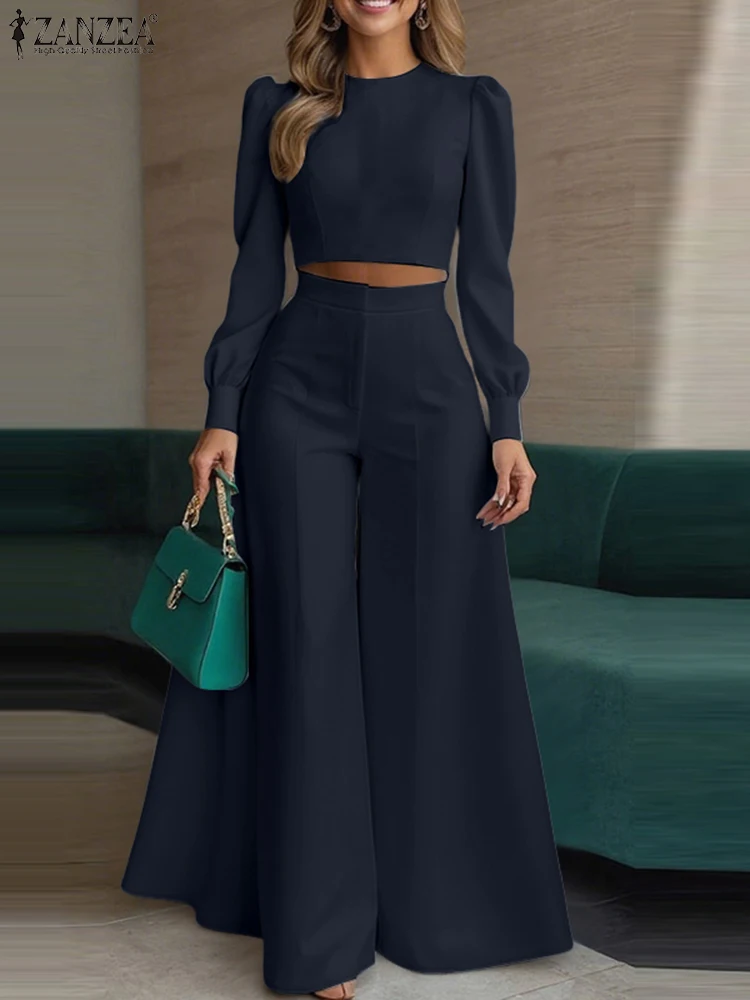 2025 ZANZEA Autumn 2PCS Outfits Women Pant Sets Solid Tracksuits Suit Long Sleeve Cropped Tops Wide Leg Trousers Matching Sets