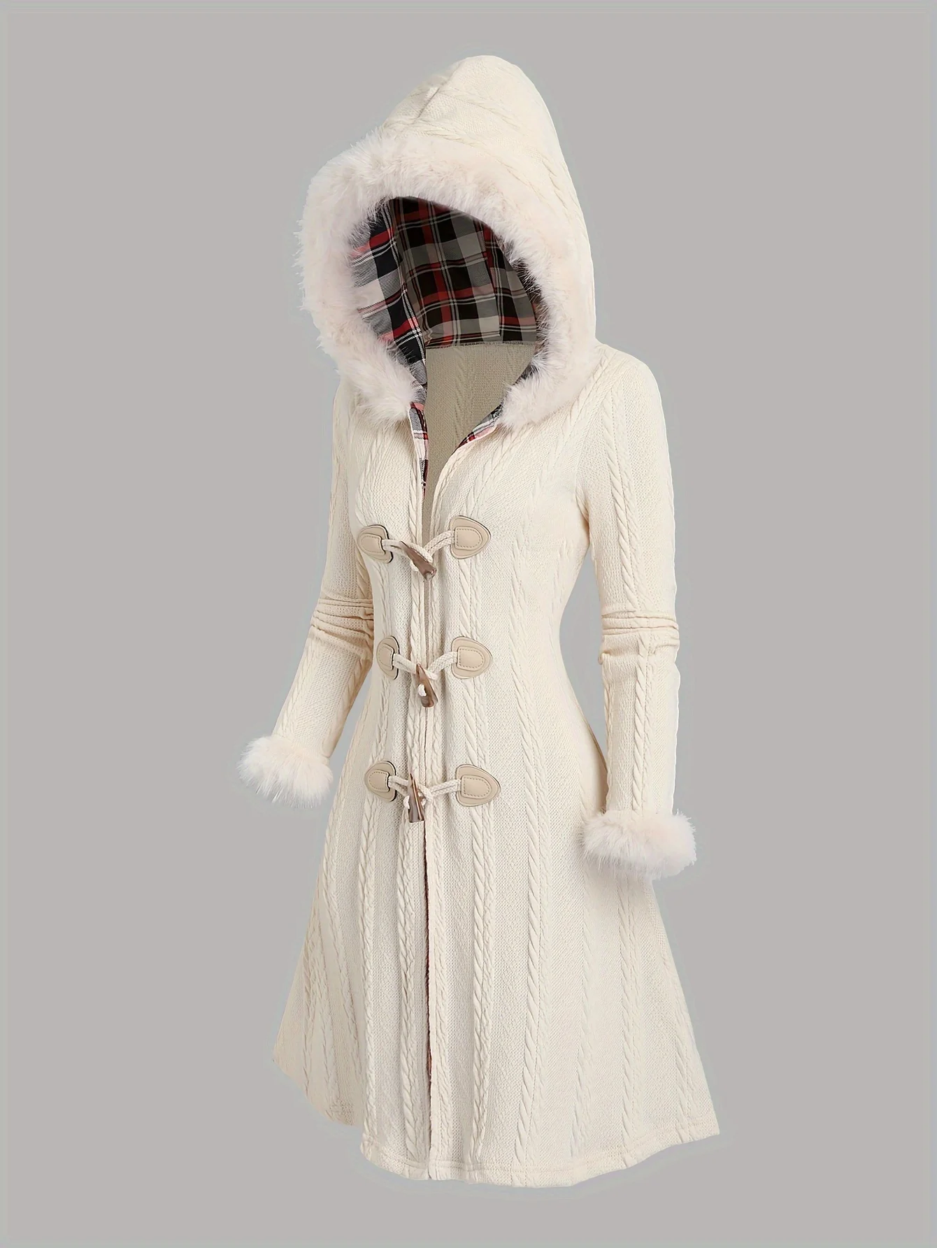 

Y2K knitted checkered patchwork hooded overcoat with horn buttons long knitted coat
