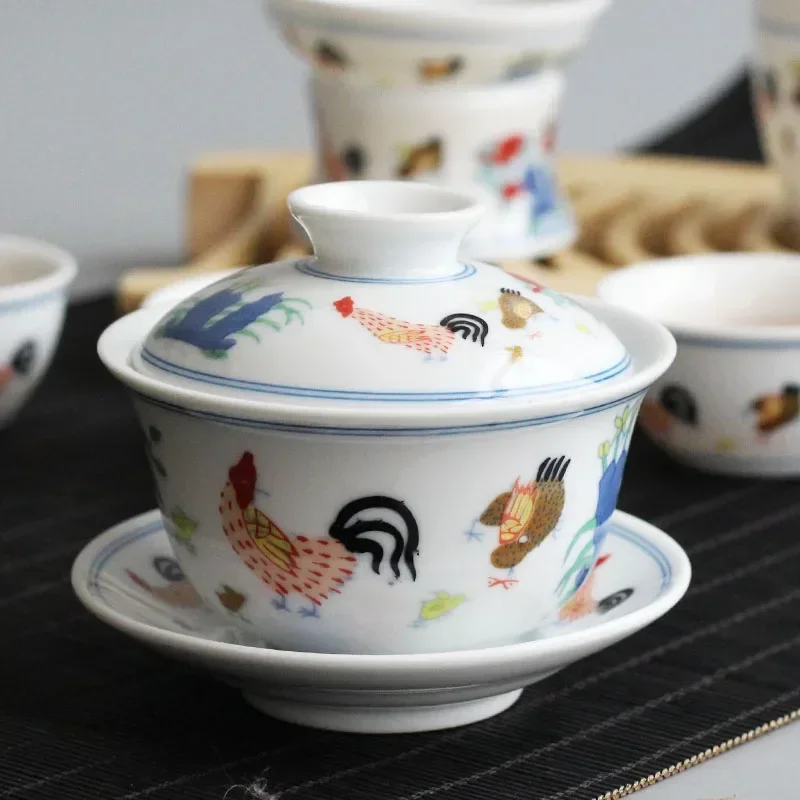 Chinese Kung Fu Tea Set, Ceramic Teaware, Practical Household Services Items Pot and Cup, China Archaistic Rooster Porcelain