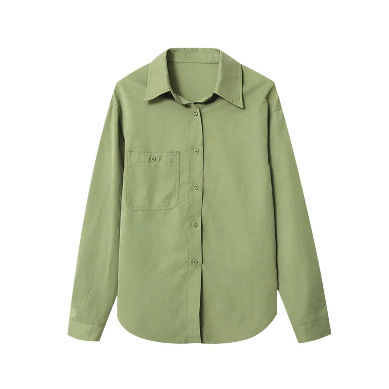 Women Shirt Long Blouses Solid Pocket Turn Down Collar Long Sleeves Single Breasted Loose Fit Casual Office Lady 2025 Autumn
