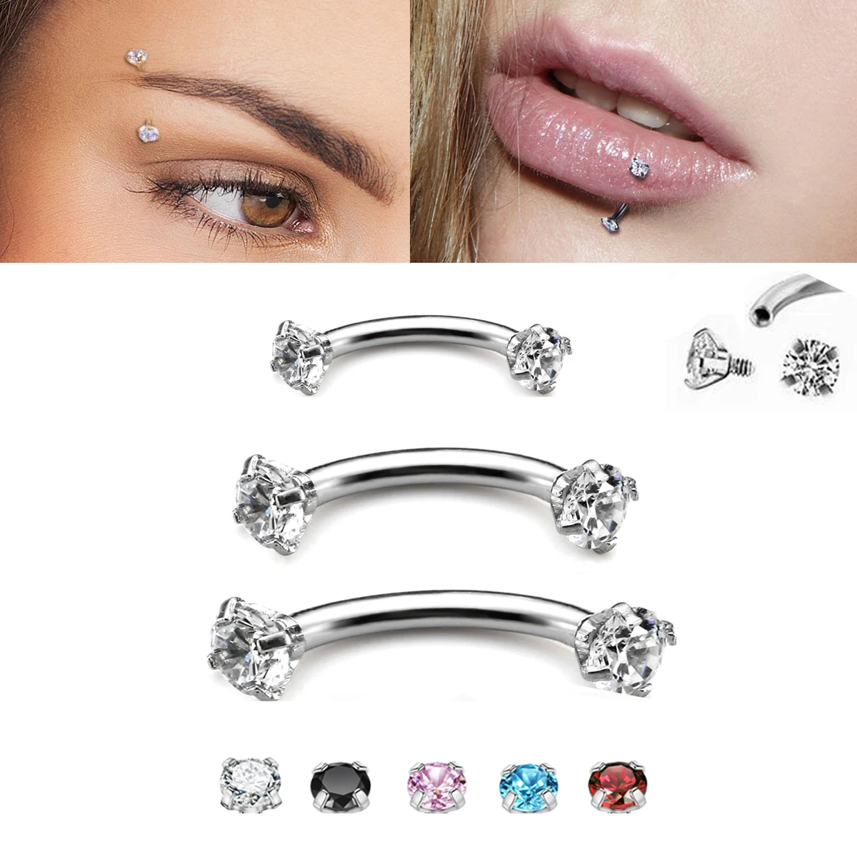 16G 1.2mm Clear Cubic Zirconia Internally Thread Curved Barbell Eyebrow Tragus Ring Piercing Jewelry 6mm 8mm 10mm Lips Ring