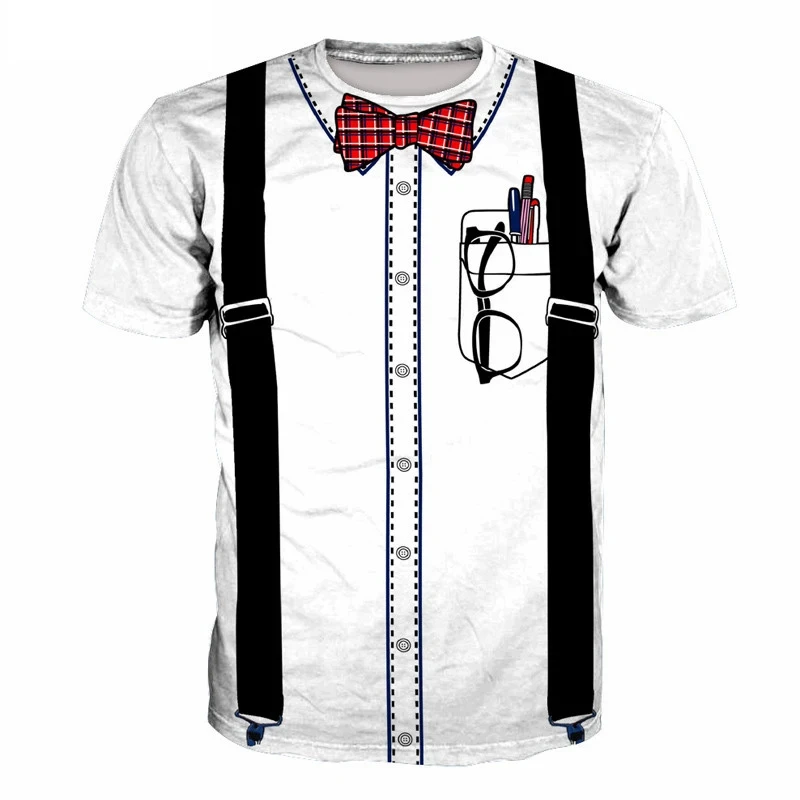 

Fake Bib Bow Tie Glasses Pens Print 3D T-shirt Men Women Hip Hop White T Shirts Streetwear Personality Short-sleeved Tees Tops