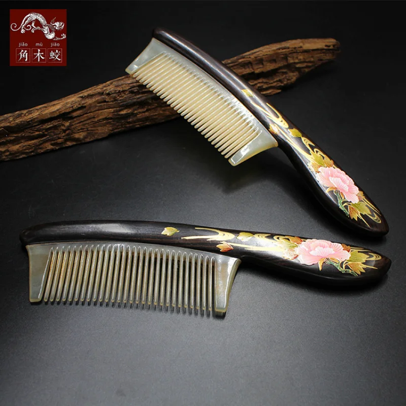 made of hornwood, ebony, and black sandalwood with hand-painted peony design, handcrafted lacquer art comb, exquisite lacqu