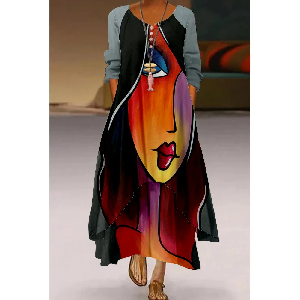 2022 Style Animation Abstract Painting Style Spring And Autumn Long Sleeve Dress Knee Length Dress s-5xl Loose Comfortable Dress