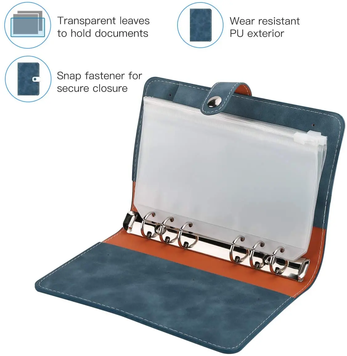 A6 PU Leather Binder Budget Planner Refillable 6 Round Rings Binder Cover Notebook Folder with 12 PCS Clear Plastic Envelopes