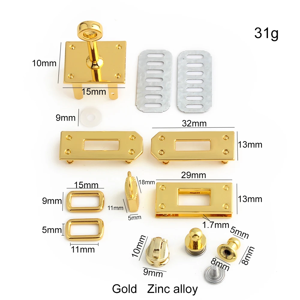 1/4/10Sets Gold,Silver Metal Turn Lock With Slider For DIY Long Purse Handbag Bags Rectangle Eyelets Buckle Rivet Accessories