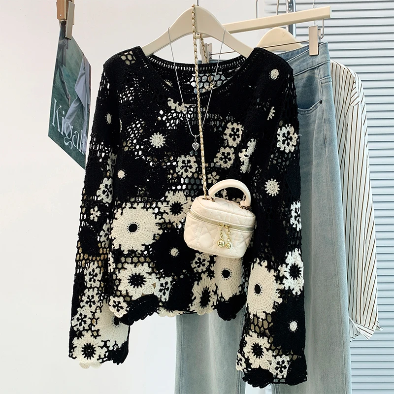 Laid-back Vacation Style Color Block Knitted Hollow out Casual Women's Outerwear Slimming Top Trendy Cotton Long Sleeve