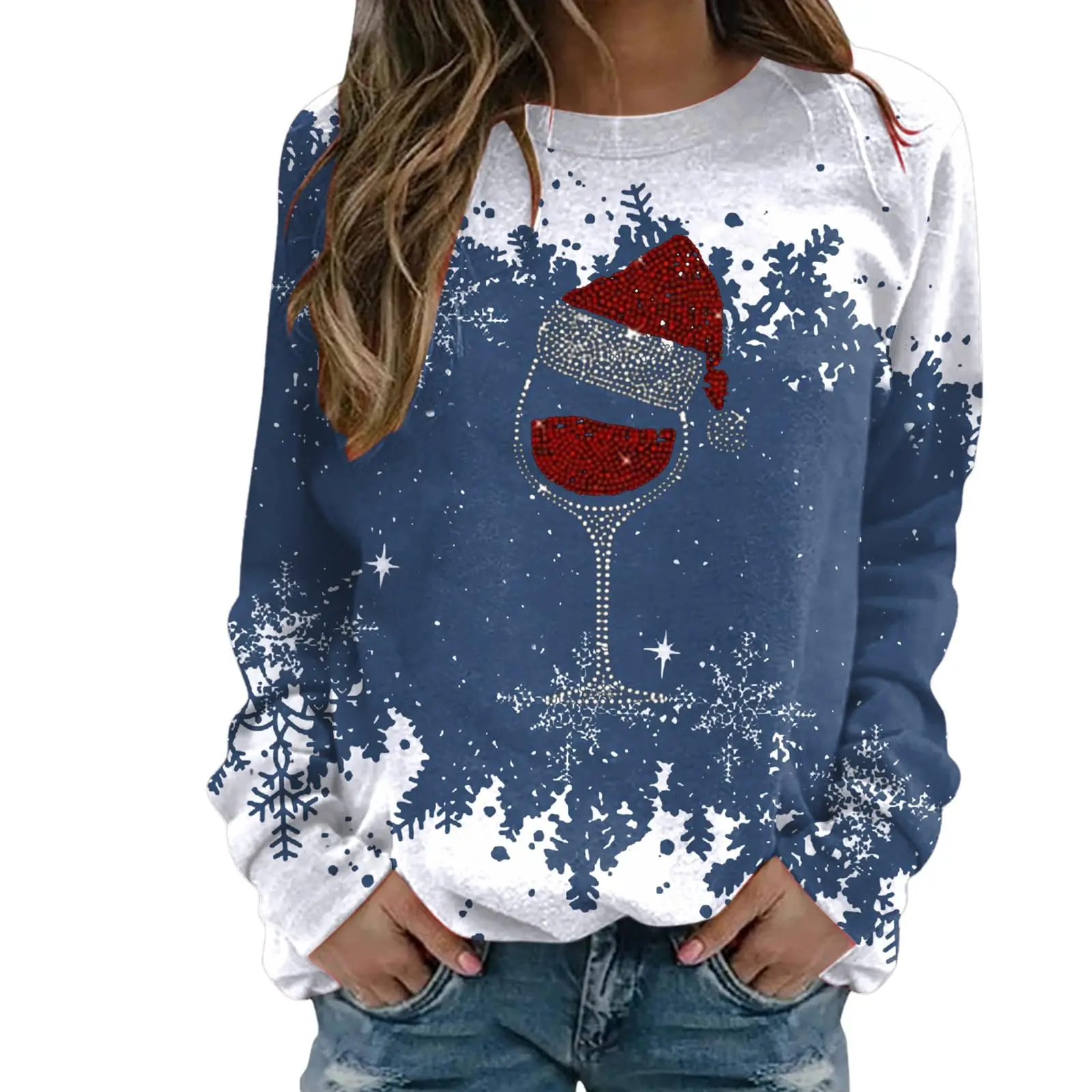 Christmas Wine Glass Pattern Women\'s Long Sleeved T-shirt Funny 3D Print Tees Autumn Casual O-neck Loose Pullover X\'mas Clothing