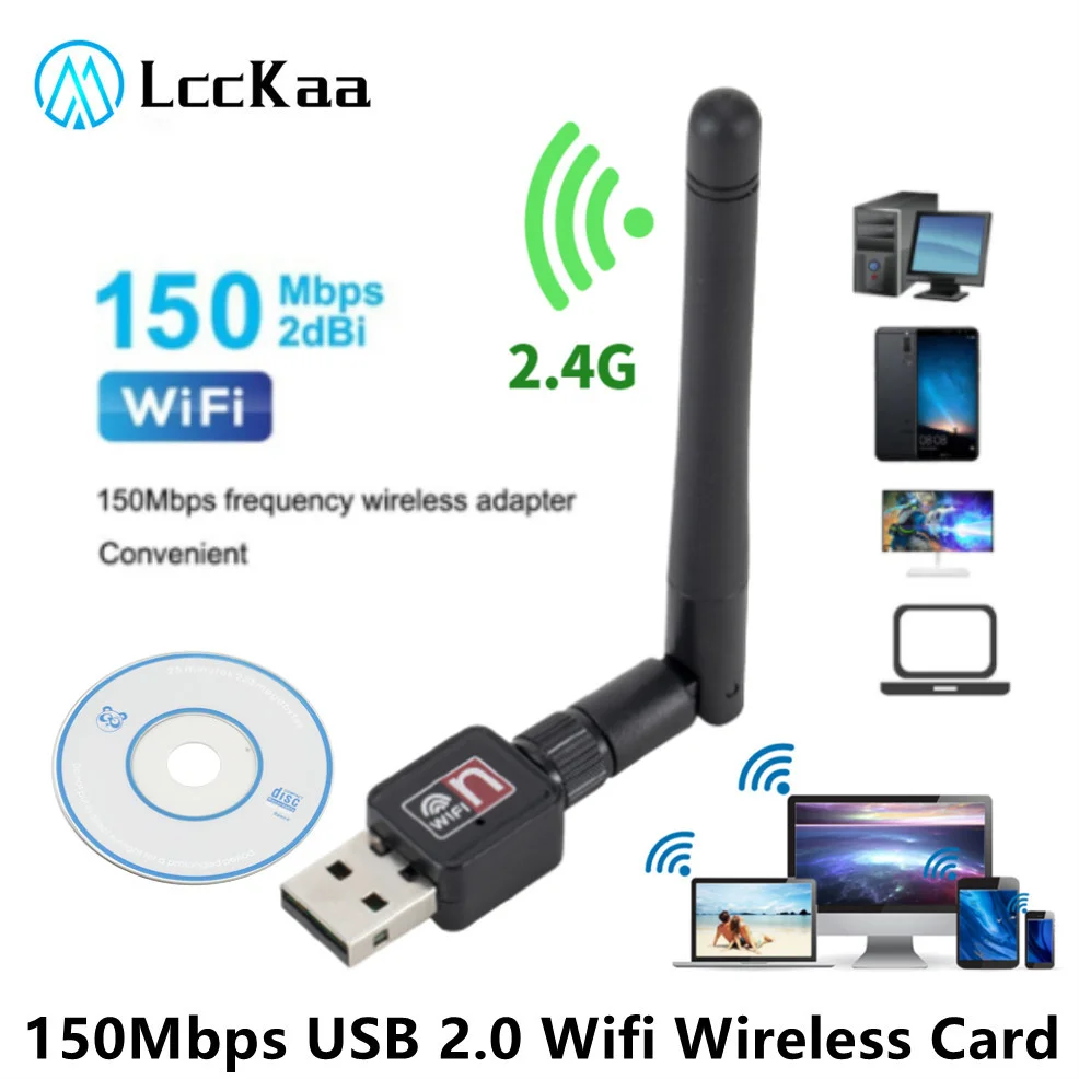 LccKaa Mini USB WiFi Adapter 150Mbps Zewnętrzna bezprzewodowa karta sieciowa LAN Klucz antenowy WiFi 802.11n/g/b do komputera PC Laptop Desktop