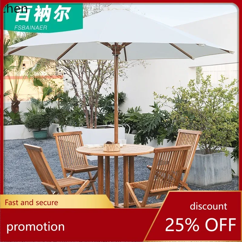 

HT Outdoor Table and Chair Courtyard Villa Garden Solid Wood Long Table Folding Outdoor Leisure Table and Chair with Umbrella