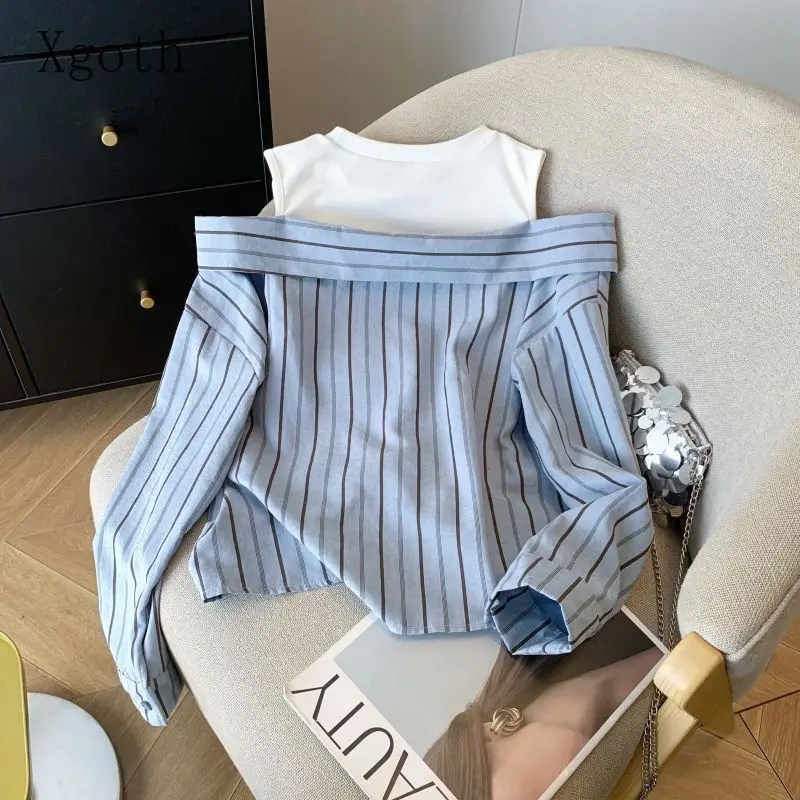 

2026 New Stylish Fake Two Piece Striped Shirt for Women Autumn Off Shoulder Tank Top Patchwork Design Loose Casual Women Top