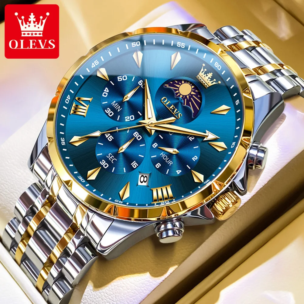 OLEVS 3653 Herrenuhr Quarzuhr Multifunktionale Chronographenuhr Für Männer 30 Mt Wasserdicht Leuchtende Mondphase Box Original 7