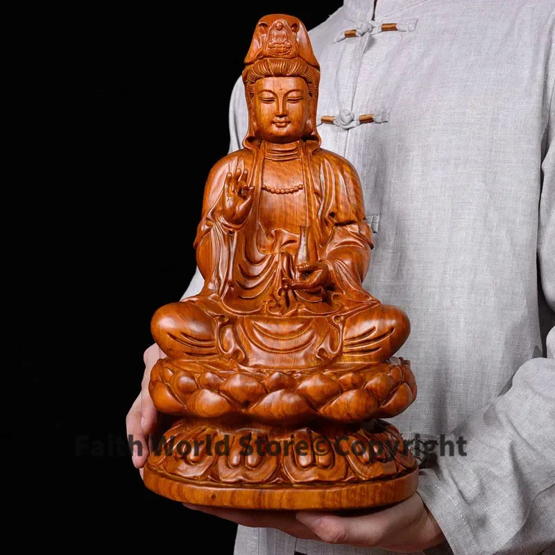 40CM Large --GOOD-HOME Temple Spiritual protection Bless family # Handmade Yellow pear wood carving Lotus Guanyin Buddha statue