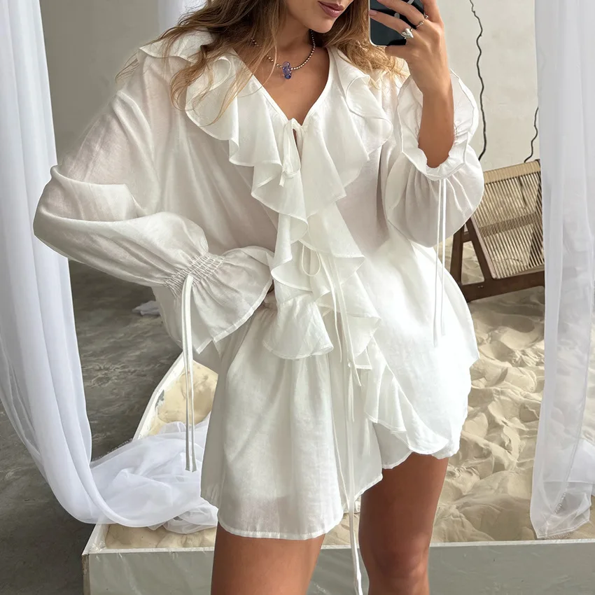 

Design Sense Ruffle Edge Fashion Casual Suit 2025 Spring and Summer New Lace-up Cardigan Top Shorts Women's Clothing