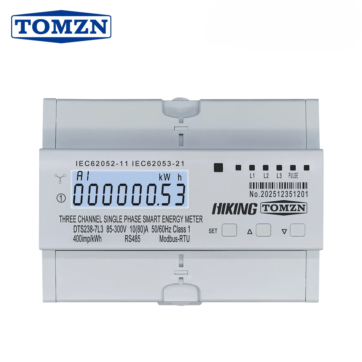 

TOMZN Din Rail DTS238-7L3 RS485 Three Circuit Single Phase Energy Meter 80A 85-300V 50/60Hz kWh Watt Hour LCD Modbus-RTU Class1