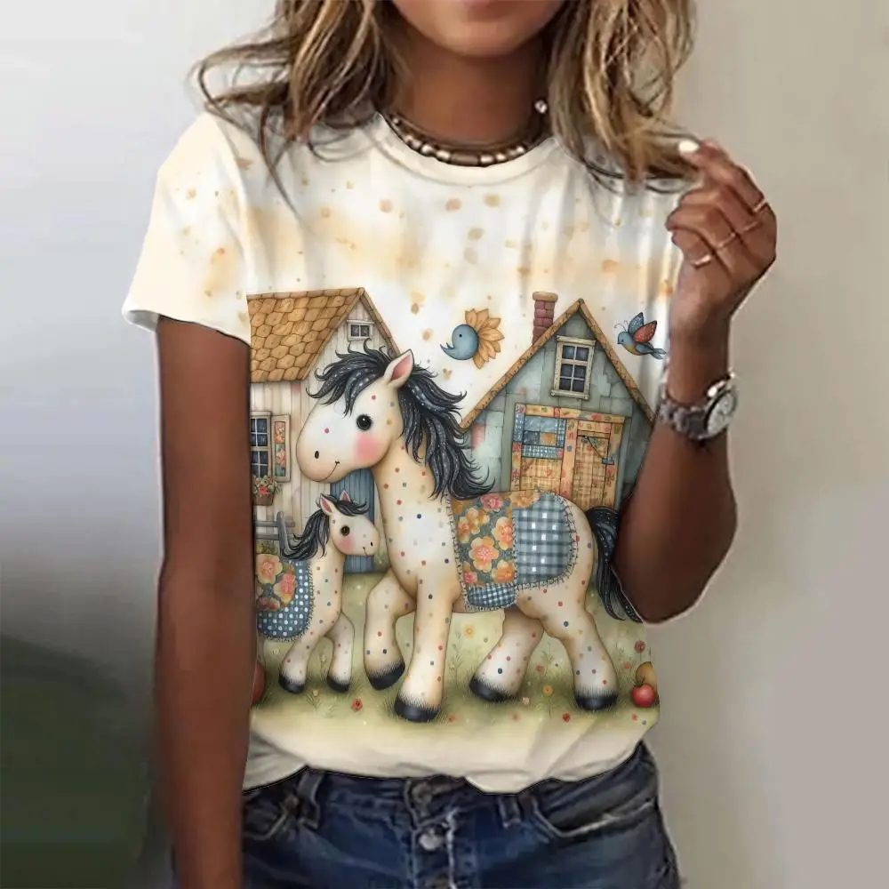 Summer Vintage Animal Horse 3D Print T-shirts Women Streetwear Casual Fashion Y2k Short Sleeve T Shirt O-neck Tees Tops Odzież