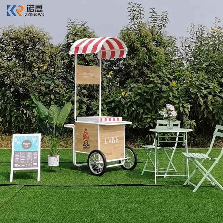 Carro de helado empujado a mano, ventas móviles de alimentos refrigerados, bebidas de café