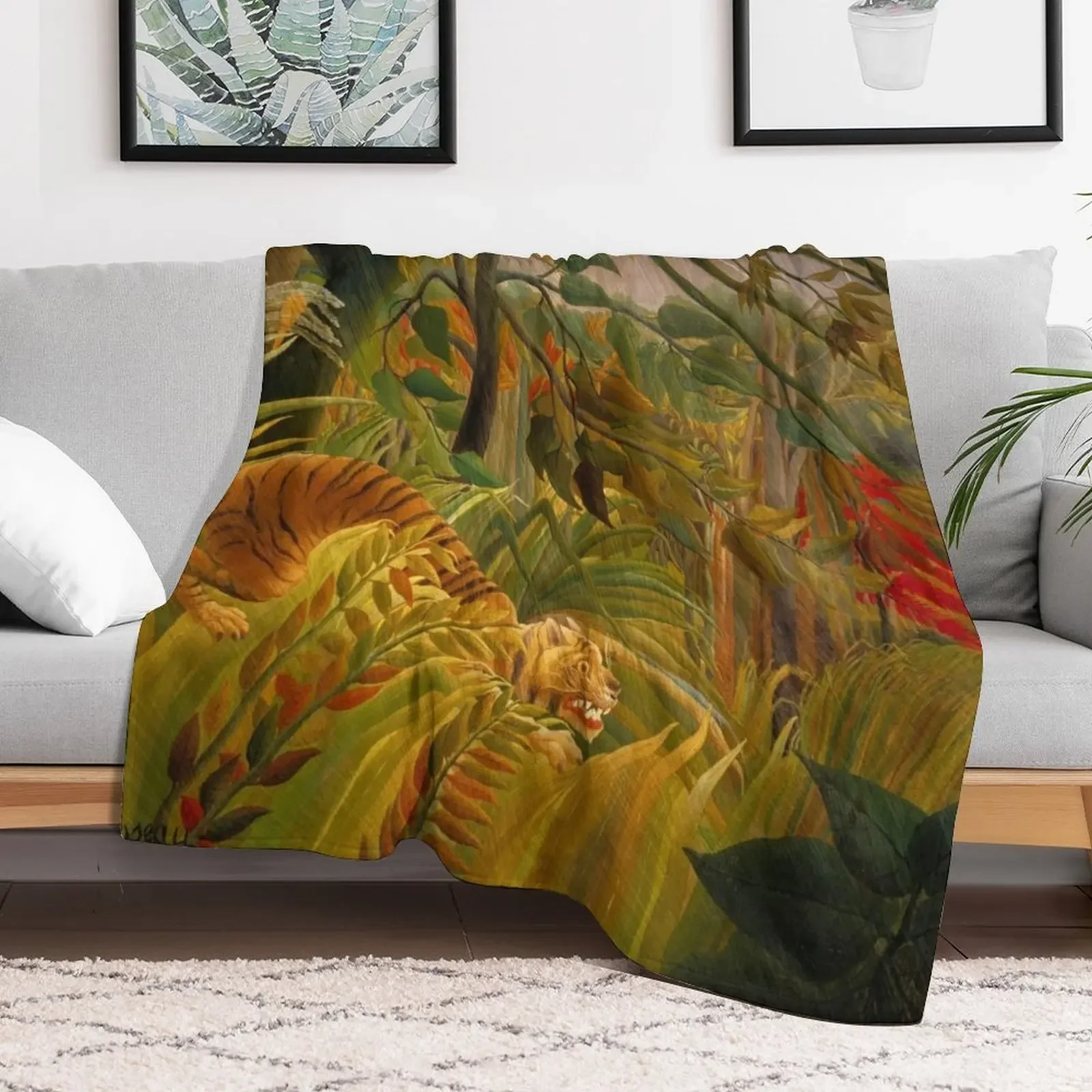 Henri rousseau - Tiger in a Tropical Storm Throw Blanket Custom Retros Bed linens Stuffeds Blankets