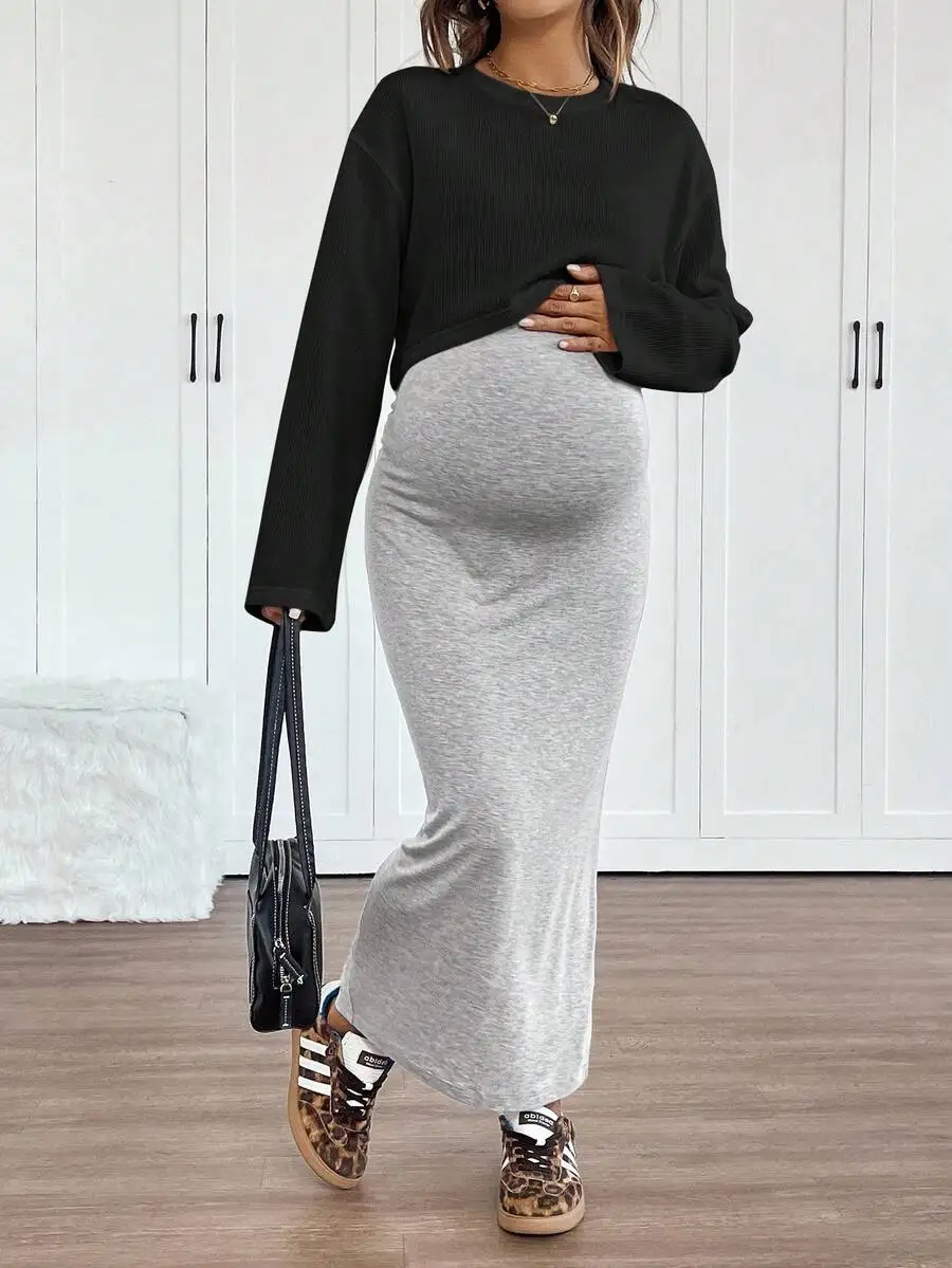 

Maternity Two Piece Set Black Raglan Sleeve Top And Gray Slim Fit Long Skirt
