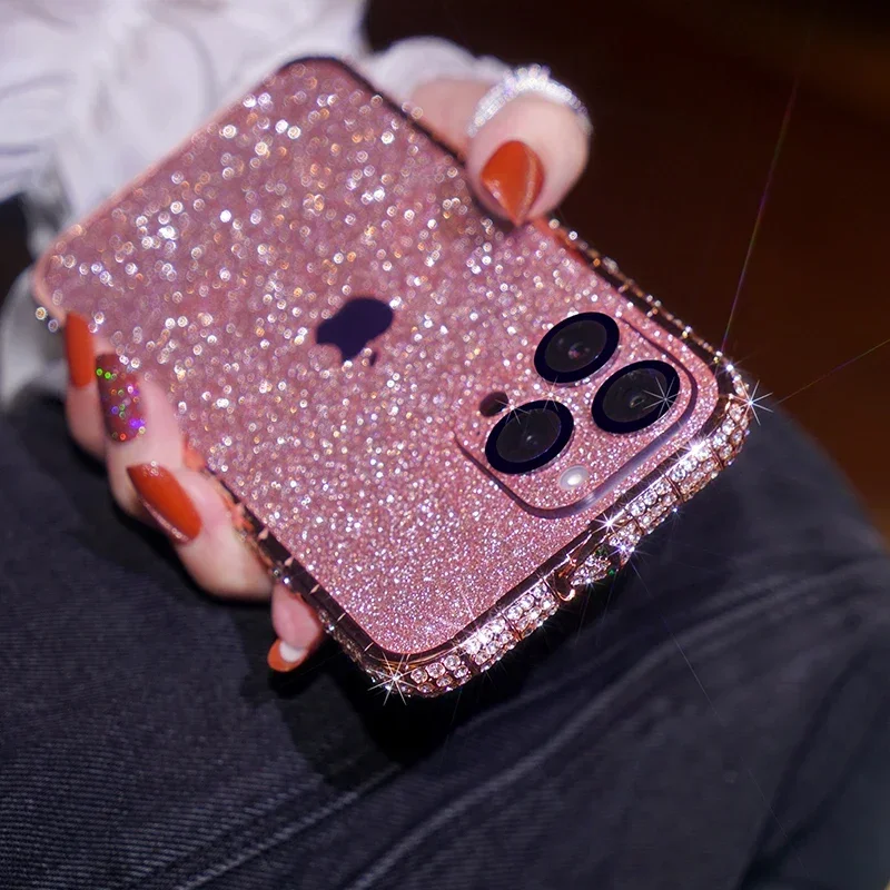 

Rhinestone Crystal Diamond Metal Bumper 15pro Phone Case For iPhone 14 Plus 12 13 11 15 promax Glitter Back Film Cover 13promax