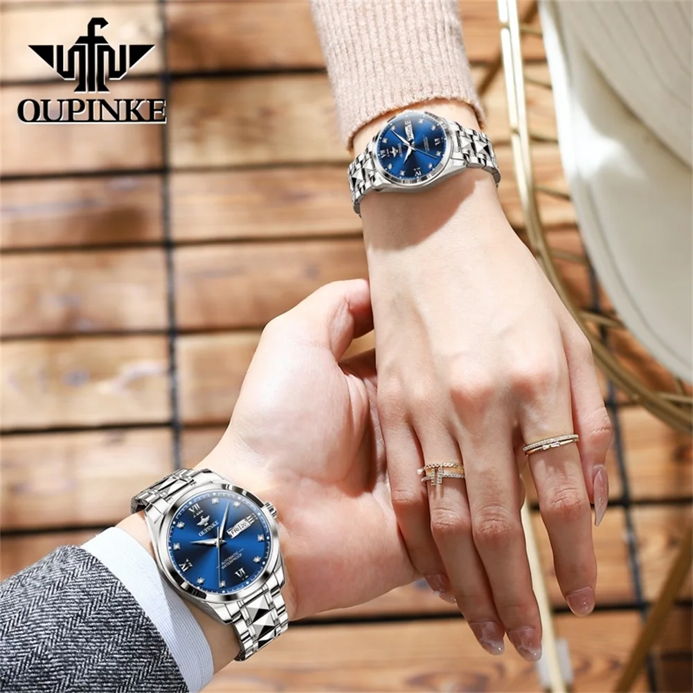 OUPINKE 3262 ساعة ميكانيكية للأعمال للزوجين فاخرة أصلية بتقويم مزدوج مقاومة للماء ساعة يد ماسية بمقياس ماسي ساعة مضيئة