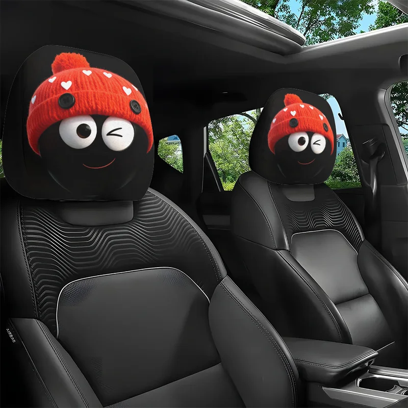 1/2 Pcs Car Headrest Covers, Cute Cartoon Winking Character With Red Beanie & White Hearts, Auto Interior Decor
