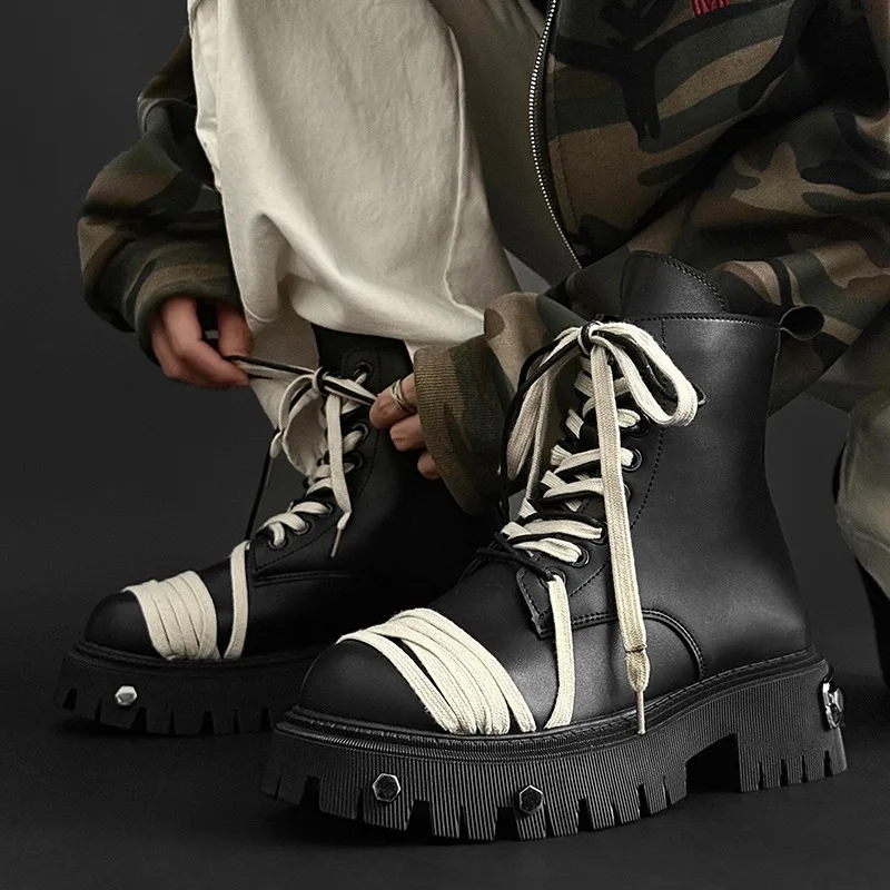 

Классические черные мотоциклетные ботинки для мужчин, удобные кожаные ботинки на платформе, мужская дизайнерская мужская рабочая обувь на шнуровке, botas para hombre