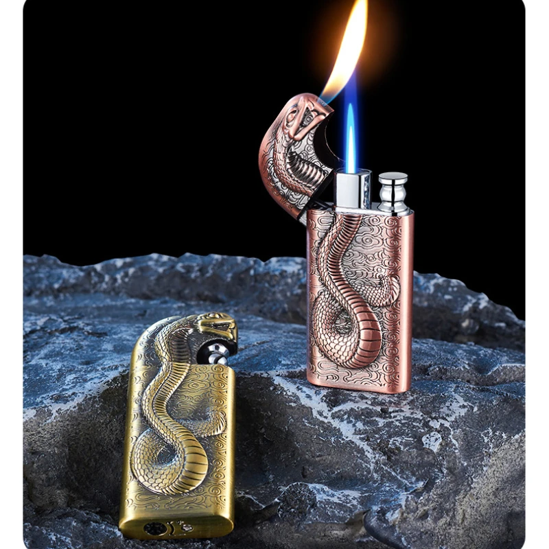 Double Flame Snake Embossed Lighter for Men, Creative Embossed Magic Double Fire Conversion, Gas Lighter, Personalized Metal