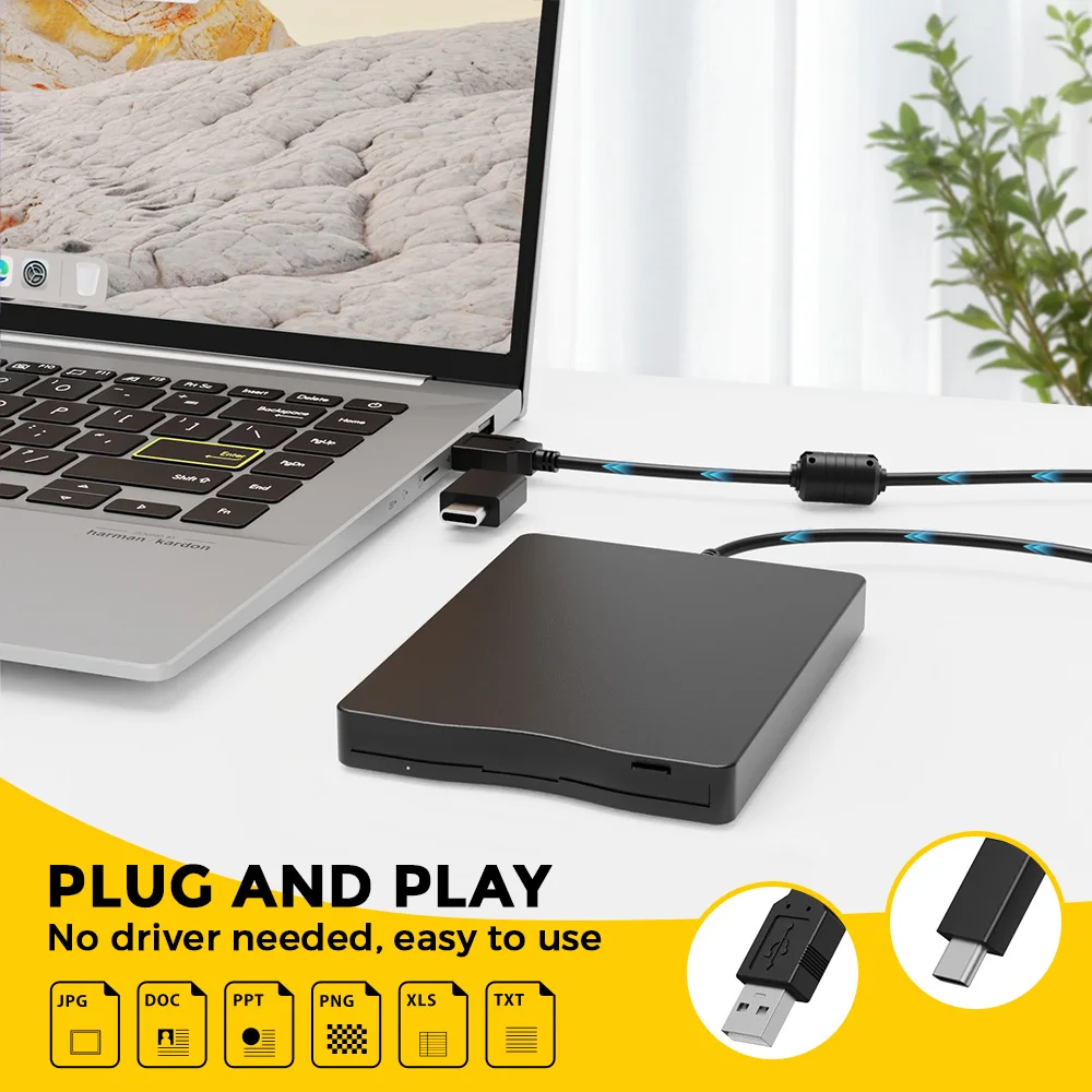 Leitor de disquete, unidade de disquete externa USB tipo A/C de 3,5 polegadas e 1,44 MB para PC, laptop e desktop compatível com Windows